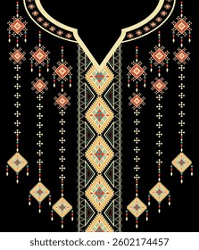 Neck Embroidery Design, ethnic pattern, neckline, ornament, traditional, red, yellow, green, Arabic, Indian, symmetry, geometric, diamonds, shine, elegant, abstract, for textiles, print, fabric, neck