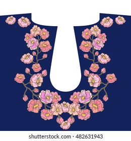 Neck embroidery design. Hand drawn floral vector patterns. Folk art textile collection. Blooming cherry flowers garland.
