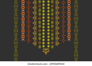 Neck embroidery ethnic geometric fabric textile Aztec, native oriental traditional pattern. Ikat neckline abstract flower decorative design for fabric, clothing, border element, texture, illustration