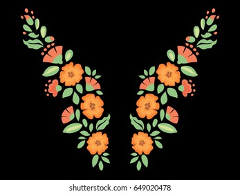 Neck embroidery. Floral print. Ethnic flower design.