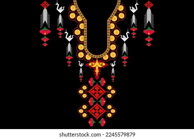 Neck embroidery oriental border patterns. Traditional oriental embroidery red flower designs. Design for neck wear, neckline, necklace, men and women fashion, fabric, clothing, collar shirt, textile
