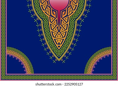 Ornamentos de bordado de cuello para camisas tradicionales africanas de dashiki con motivos de colores vibrantes.El diseño de patrones geométricos coloridos sobre fondo azul. Patrón de tela vectorial en estilo de moda de Ankara.