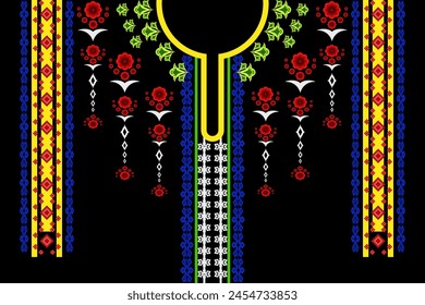 Cuello bordado tradicional patrón geométrico sobre fondo negro. Diseño de estilo azteca nativo para tela, textura, textil, adornos, elemento, ropa, borde, decoración, moda, concepto, impresión