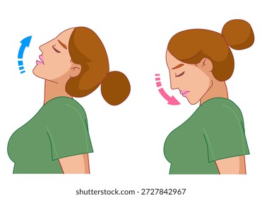 Flexión del cuello, ejercicio de extensión. Mira hacia arriba, hacia abajo.  Los movimientos del personaje moreno de dibujos animados para los músculos del cuello, la columna vertebral y la barbilla. Vector de ilustración