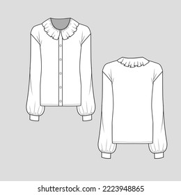 Neck frill Button panel t shirt top drop shoulder long balloon sleeve cuffs gathering ruffles frill Neck Fashion flat sketch drawing template vector