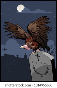 Neck Griffon Vulture is sitting on the Tombstone. Cemetery, Night, Full Moon Halloween Illustration