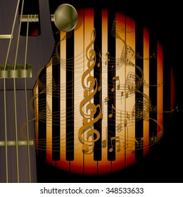 neck of the guitar with music notes