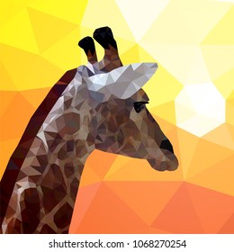 Neck and head of a giraffe looking at the sunset. Polygon style. Colorful triangles, mosaic. 10 eps