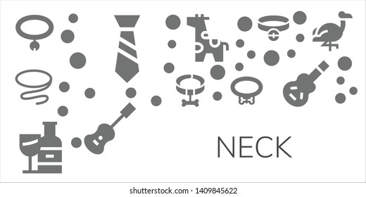 neck icon set. 11 filled neck icons.  Collection Of - Collar, Tie, Wine bottle, Giraffe, Acoustic guitar, Electric guitar, Flamingo