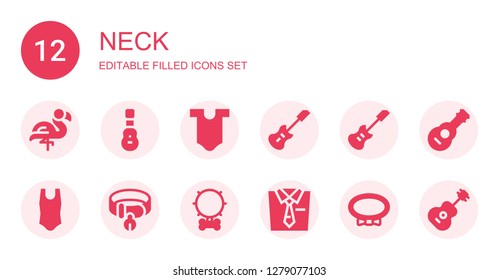 neck icon set. Collection of 12 filled neck icons included Flamingo, Acoustic guitar, Body, Electric guitar, Collar, Tie, Guitar