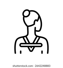 Neck kinesio tape strips outline icon. Application neck kinesio taping sign. Elastic therapeutic tape. Muscles swelling and pain reduction. Joints and ligaments support. Isolated contour symbol illust