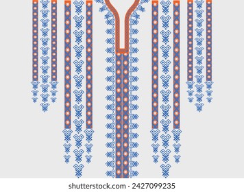 Neck line, collar pattern, orange-blue flower with tassel stripes, embroidery, traditional geometric pattern on background, abstract vector, Aztec style, design for fabric texture, Women's fashion 