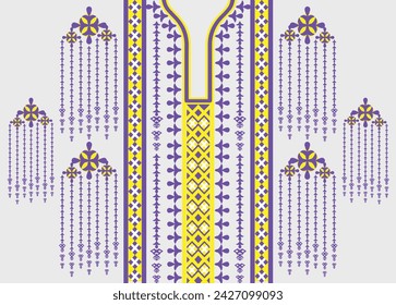 Neck line, collar pattern, purple-yellow flower with tassel stripes, embroidery, traditional geometric pattern on background, abstract vector, Aztec style, design for fabric texture, Women's fashion 