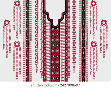 Neck line, collar pattern, red flower with tassel stripes, embroidery, traditional geometric pattern on background, abstract vector, Aztec style, design for fabric texture, clothing. Women's fashion.