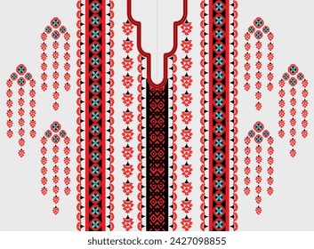 Neck line, collar pattern, red flower with black stripes tassels, embroidery, traditional geometric pattern on background, abstract vector, Aztec style, design for fabric texture, Women's fashion 