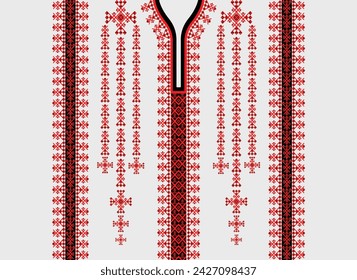 Neck line, collar pattern, red-black flower with tassel stripes, embroidery, traditional geometric pattern on background, abstract vector, Aztec style, design for fabric texture, Women's fahion cloth