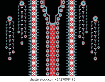 Neck line, collar pattern, red-blue flower with tassel stripes, embroidery, traditional geometric pattern on background, abstract vector, Aztec style, design for fabric texture, Women's fashion cloth