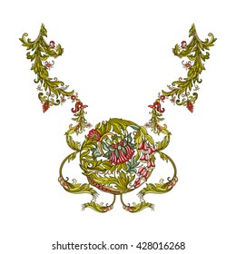 Neck line embroidery designs with middle ages floral pattern. Vector illustration.