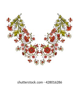 Neck line embroidery designs with middle ages floral pattern. Vector illustration.