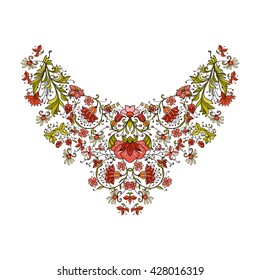 Neck line embroidery designs with middle ages floral pattern. Vector illustration.