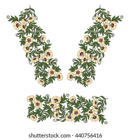 Neck line embroidery designs with middle ages floral pattern. Vector illustration.
