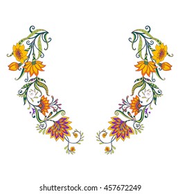 Neck line embroidery designs with middle ages floral pattern. Vector illustration.