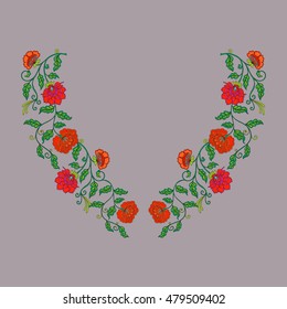 Neck line embroidery designs with middle ages floral pattern. Vector illustration.