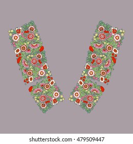 Neck line embroidery designs with middle ages floral pattern. Vector illustration.