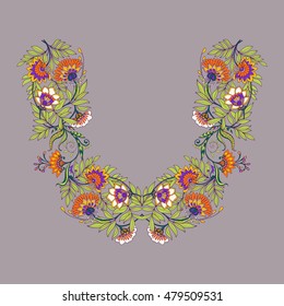 Neck line embroidery designs with middle ages floral pattern. Vector illustration.