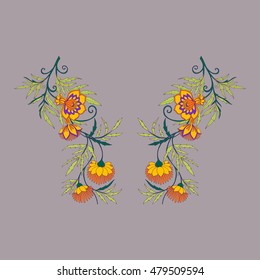 Neck line embroidery designs with middle ages floral pattern. Vector illustration.