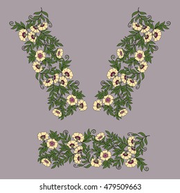 Neck line embroidery designs with middle ages floral pattern. Vector illustration.