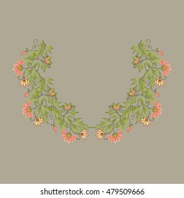 Neck line embroidery designs with middle ages floral pattern. Vector illustration.