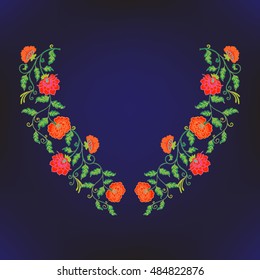Neck line embroidery designs with middle ages floral pattern. Vector illustration.