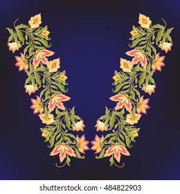 Neck line embroidery designs with middle ages floral pattern. Vector illustration.