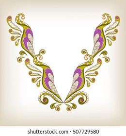 Neck line embroidery designs ornamented with Turkish paisley. Stock line vector illustration.