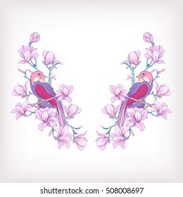 Neck line embroidery designs with a pattern of flowers and branches of magnolia and decorative bird. Stock line vector illustration.