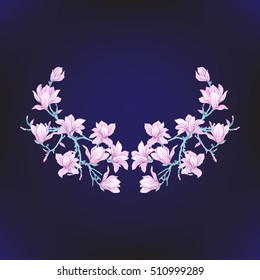 Neck line embroidery designs with a pattern of flowers and branches of magnolia. Stock line vector illustration.