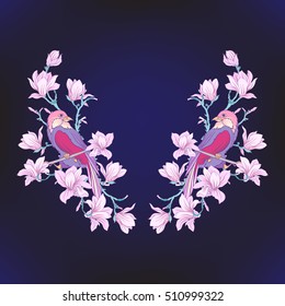 Neck line embroidery designs with a pattern of flowers and branches of magnolia and decorative bird. Stock line vector illustration.
