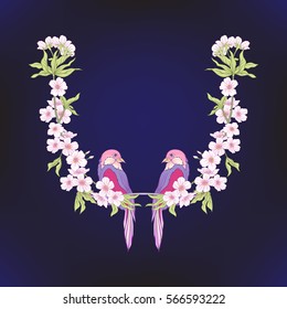 Neck line embroidery designs with a pattern of flowers and branches of Japanese blossom sakura and decorative bird. Stock line vector illustration.