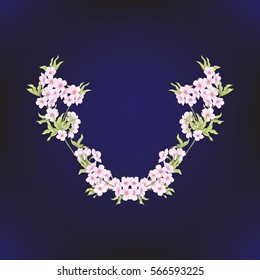 Neck line embroidery designs with a pattern of flowers and branches of Japanese blossom sakura .Stock line vector illustration.