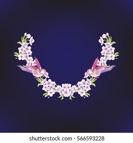 Neck line embroidery designs with a pattern of flowers and branches of Japanese blossom sakura and decorative bird. Stock line vector illustration.