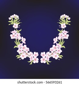 Neck line embroidery designs with a pattern of flowers and branches of Japanese blossom sakura.  Stock line vector illustration.