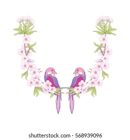 Neck line embroidery designs with a pattern of flowers and branches of Japanese blossom sakura and decorative bird. Stock line vector illustration.