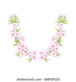 Neck line embroidery designs with a pattern of flowers and branches of Japanese blossom sakura and decorative bird. Stock line vector illustration.
