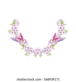 Neck line embroidery designs with a pattern of flowers and branches of Japanese blossom sakura and decorative bird. Stock line vector illustration.