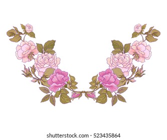 Neck line embroidery designs with rose floral pattern. Vector illustration.