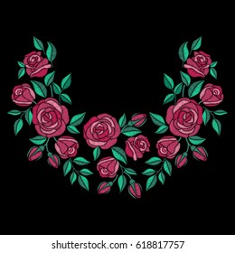 Neck line embroidery with roses flowers vector illustration. Foliage embroidery fashion and pattern with flower.