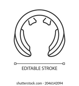 Neck massage tool linear icon. Device for stimulating neck and shoulders. Relaxation, recreation. Thin line customizable illustration. Contour symbol. Vector isolated outline drawing. Editable stroke