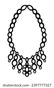 Neck necklace. Hanging decoration with dangling beads and a flower in the center. Sketch. Vector illustration. Precious item. Outline on isolated background. Coloring book. Fashion jewelry. 