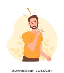 Neck pain abstract concept. Young bearded man touching his neck and suffering from pain. Pinched nerves, muscle pain, arthritis and curvature of spine. Cartoon contemporary flat vector illustration